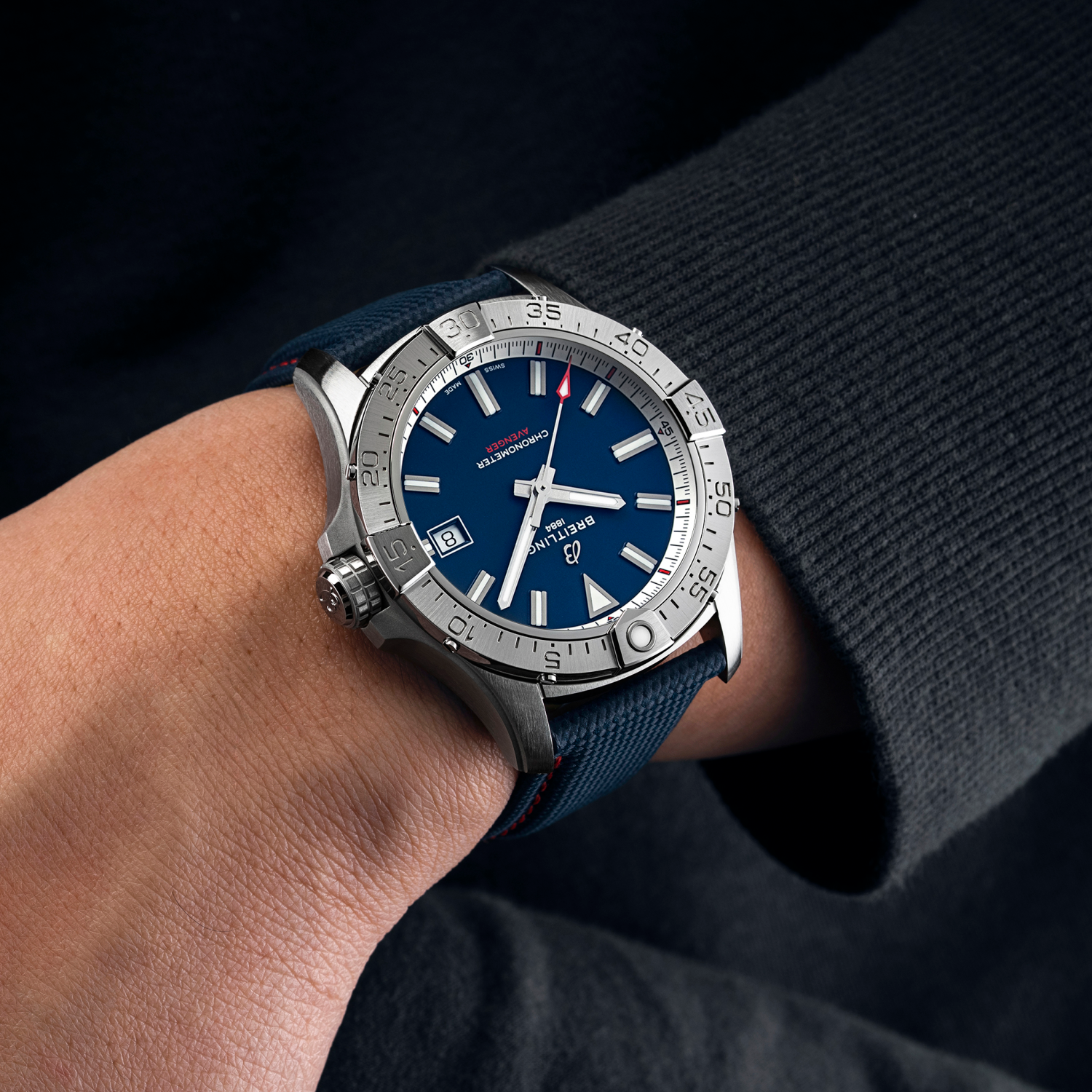 Breitling Avenger Automatic 42 America250 reference A173281B1C1X1 with Blue dial, Stainless steel case, calfskin strap, on-wrist view