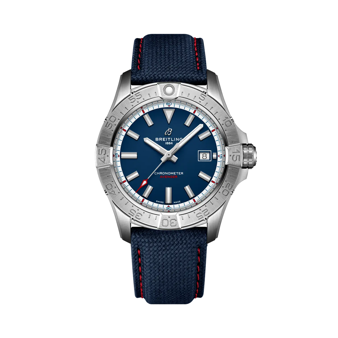 Breitling Avenger Automatic 42 America250 reference A173281B1C1X1 with Blue dial, Stainless steel case, calfskin strap, front view