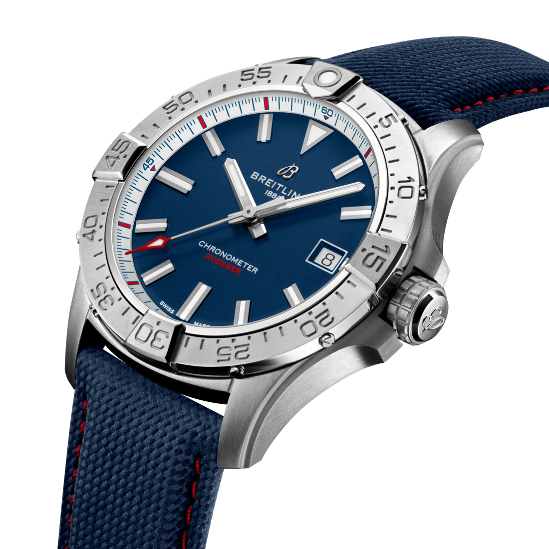 Breitling Avenger Automatic 42 America250 reference A173281B1C1X1 with Blue dial, Stainless steel case, calfskin strap, front view
