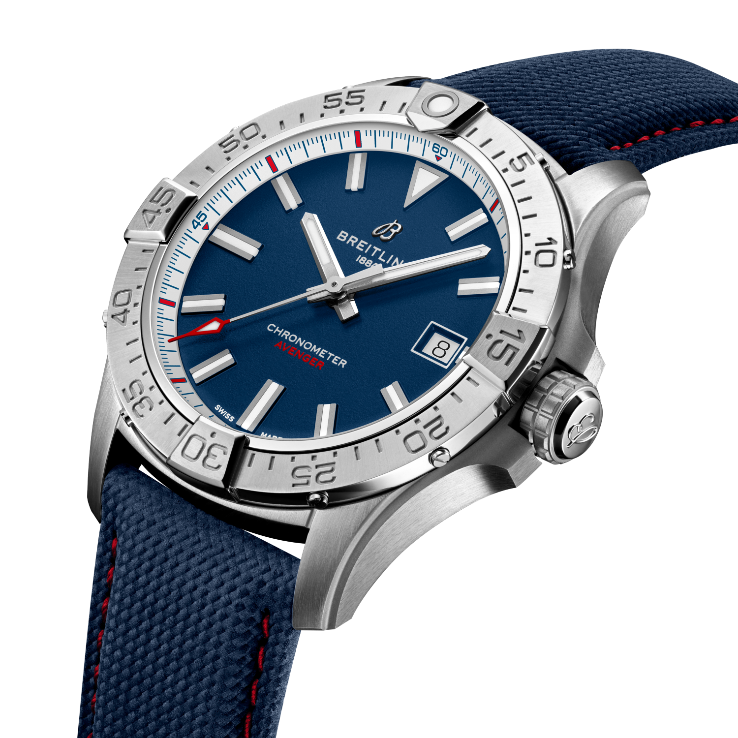 Breitling Avenger Automatic 42 America250 reference A173281B1C1X1 with Blue dial, Stainless steel case, calfskin strap, three-quarter view