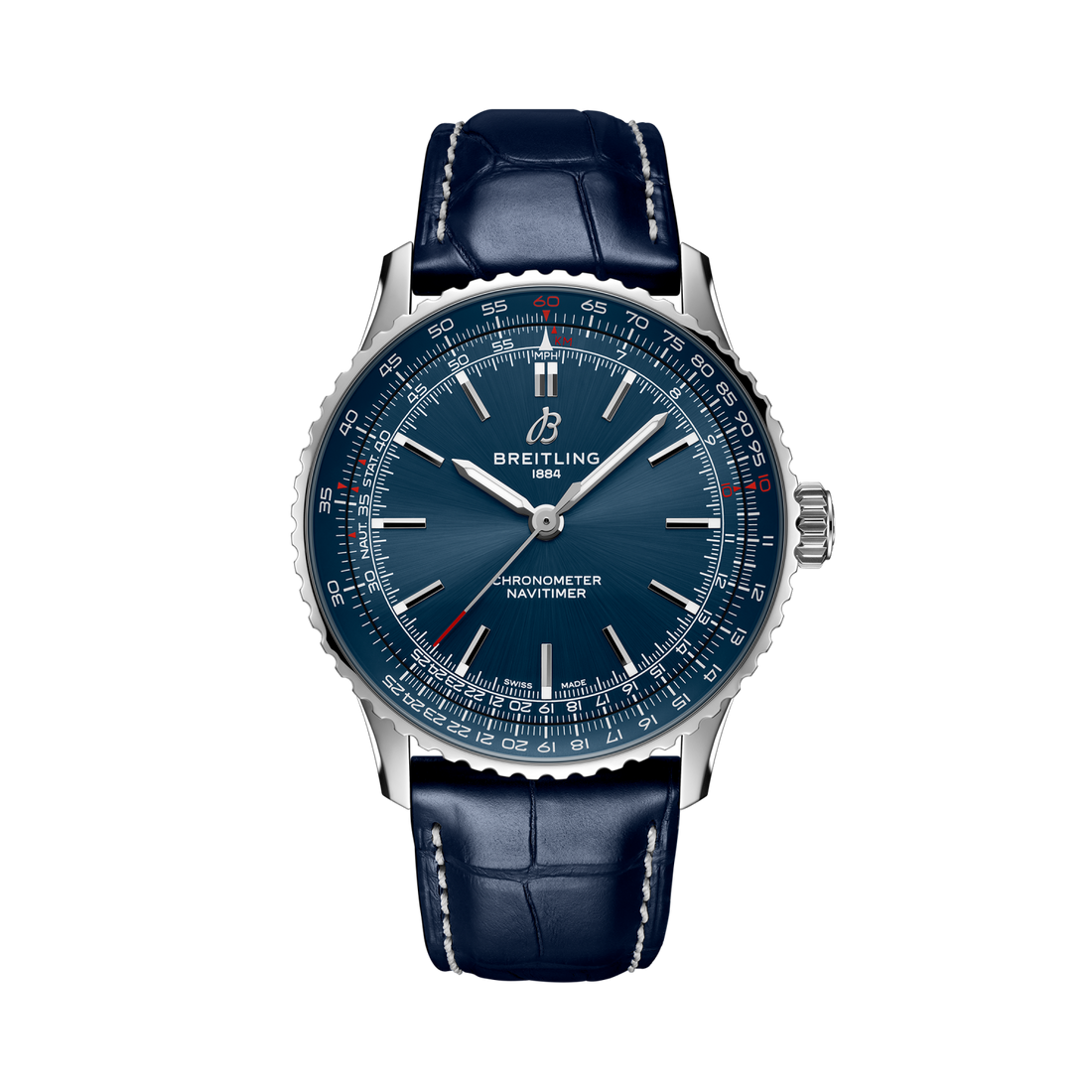 Breitling Navitimer Automatic 41 reference A17329161C1P1 with Blue dial, Stainless steel case, blue alligator strap, front view