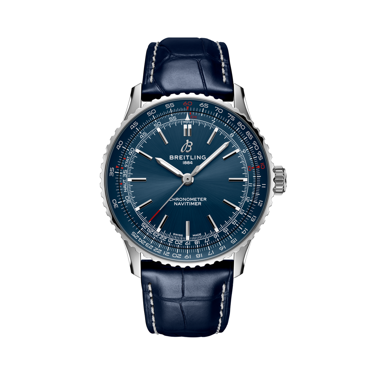 Breitling Navitimer Automatic 41 reference A17329161C1P1 with Blue dial, Stainless steel case, blue alligator strap, front view