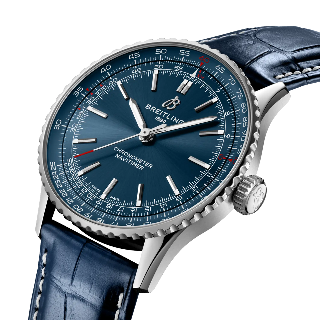 Breitling Navitimer Automatic 41 reference A17329161C1P1 with Blue dial, Stainless steel case, blue alligator strap, three-quarter view