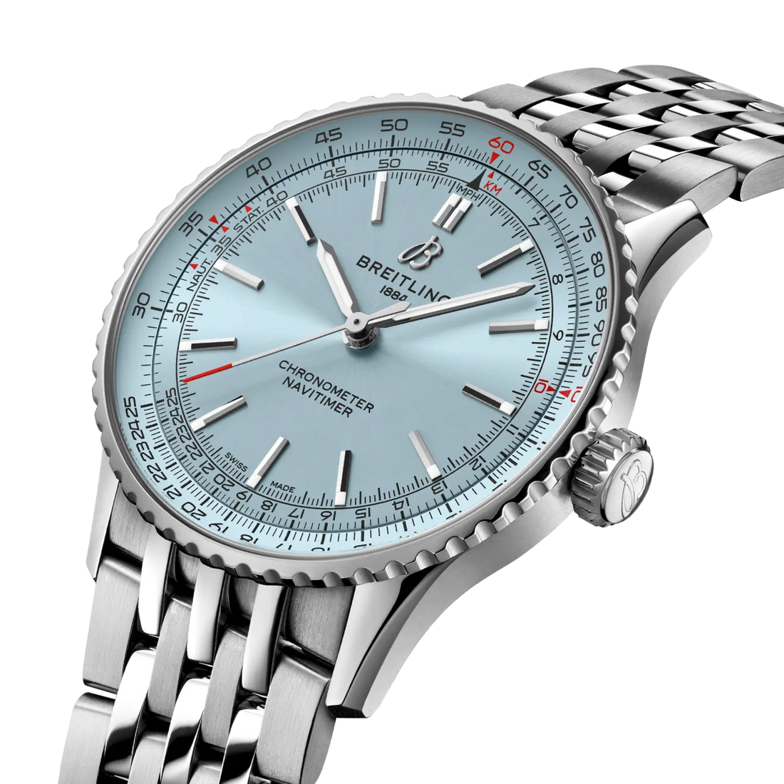 Breitling Navitimer Automatic 41 reference A17329171C1A1 with Ice blue dial, Stainless steel case, bracelet, three-quarter view
