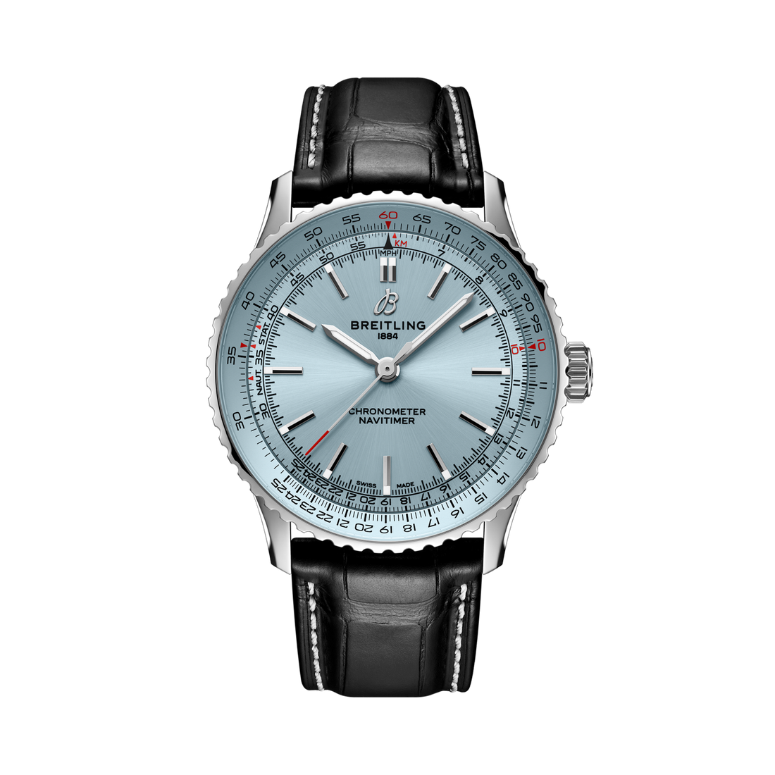 Breitling Navitimer Automatic 41 reference A17329171C1P1 with Ice blue dial, Stainless steel case, black alligator strap, front view