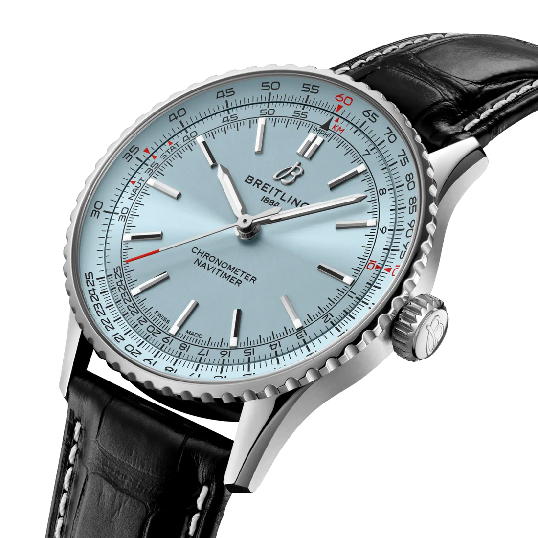 Breitling Navitimer Automatic 41 reference A17329171C1P1 with Ice blue dial, Stainless steel case, black alligator strap, three-quarter view