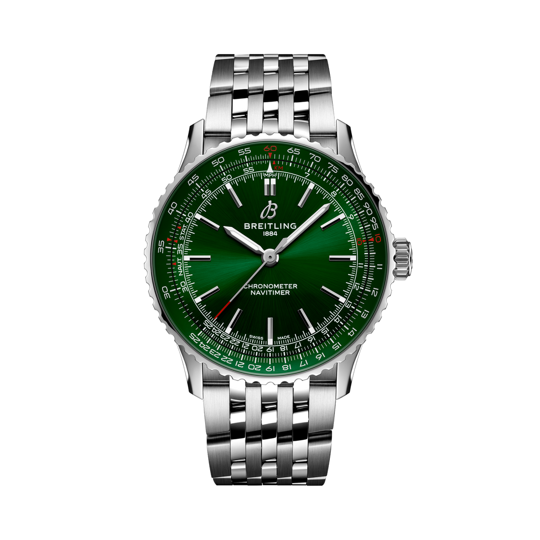 Breitling Navitimer Automatic 41 reference A17329371L1A1 with Green dial, Stainless steel case, bracelet, front view