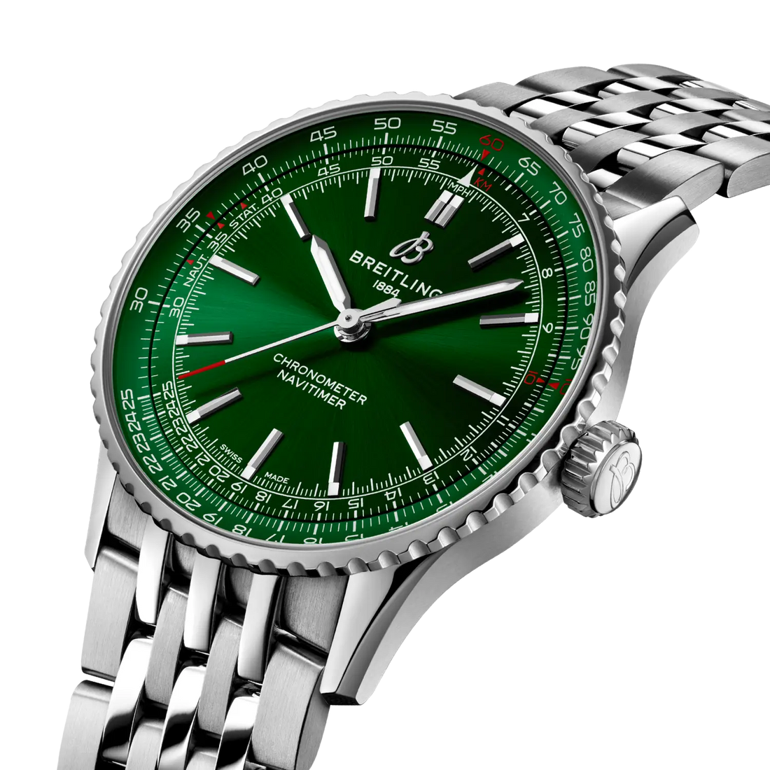 Breitling Navitimer Automatic 41 reference A17329371L1A1 with Green dial, Stainless steel case, bracelet, three-quarter view