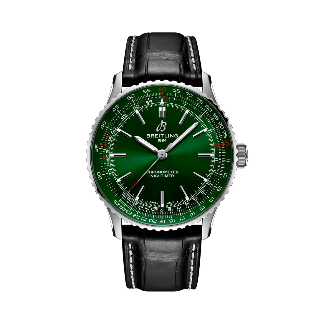 Breitling Navitimer Automatic 41 reference A17329371L1P1 with Green dial, Stainless steel case, black alligator strap, front view