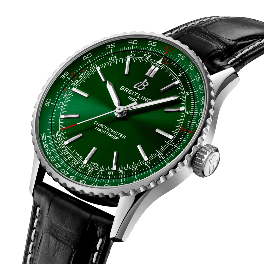 Breitling Navitimer Automatic 41 reference A17329371L1P1 with Green dial, Stainless steel case, black alligator strap, three-quarter view