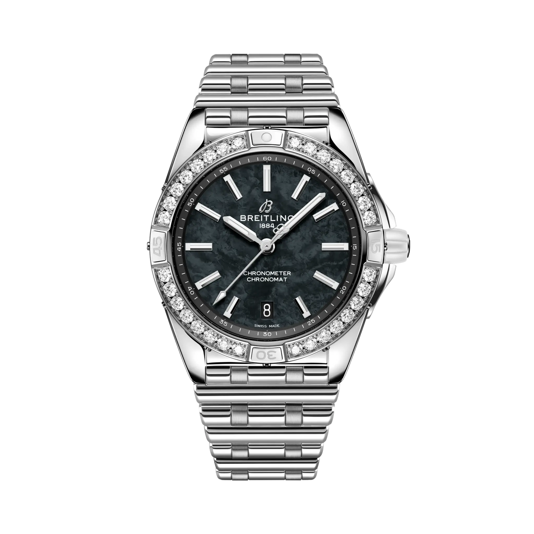 Breitling Super Chronomat Automatic 38 reference A173561A1B1A1 with Black mother-of-pearl dial, Stainless steel case, bracelet, front view