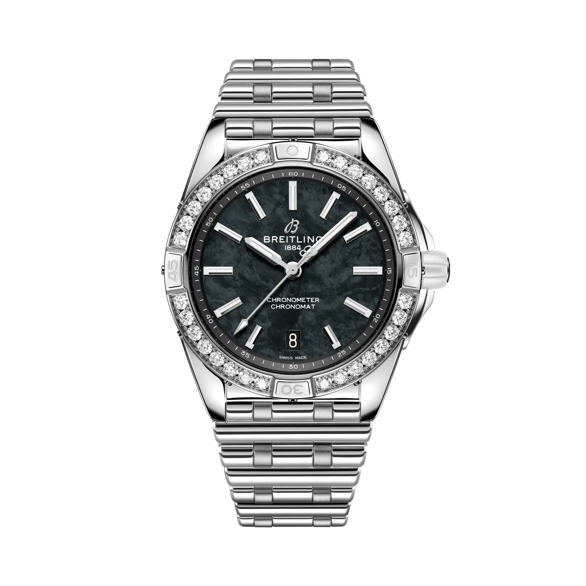 Breitling Super Chronomat Automatic 38 reference A173561A1B1A1 with Black mother-of-pearl dial, Stainless steel case, bracelet, front view