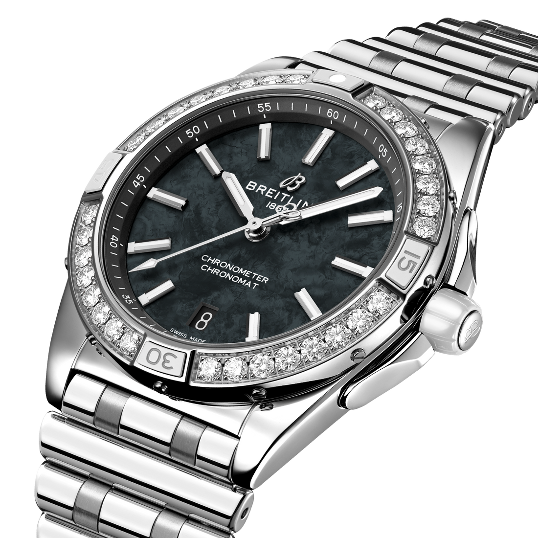 Breitling Super Chronomat Automatic 38 reference A173561A1B1A1 with Black mother-of-pearl dial, Stainless steel case, bracelet, front view