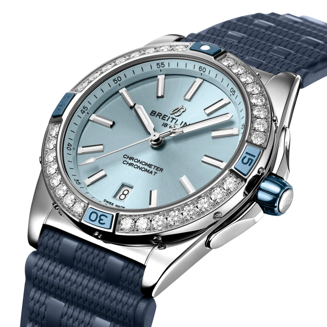 Breitling Super Chronomat Automatic 38 reference A17356531C1S1 with Blue dial, Stainless steel case, rubber strap, front view