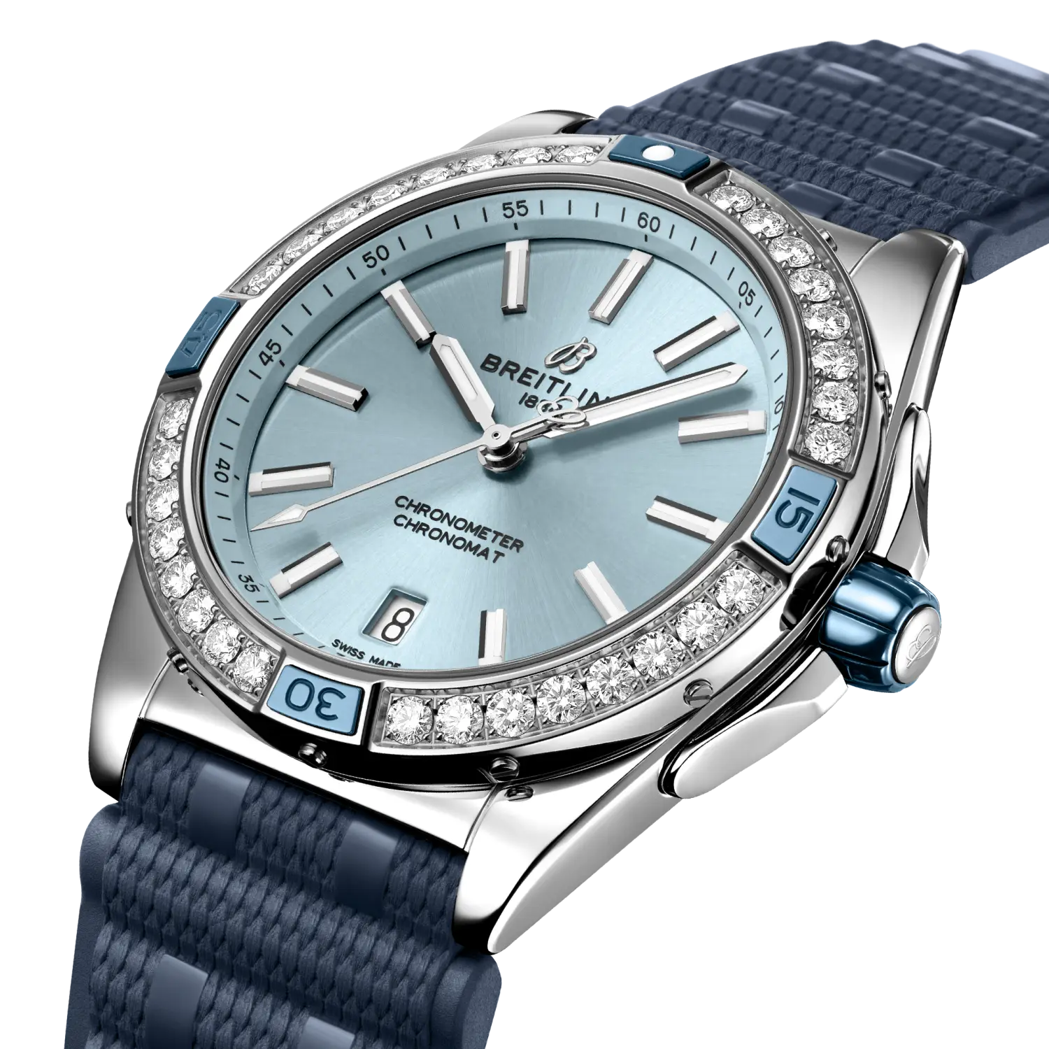 Breitling Super Chronomat Automatic 38 reference A17356531C1S1 with Blue dial, Stainless steel case, rubber strap, three-quarter view