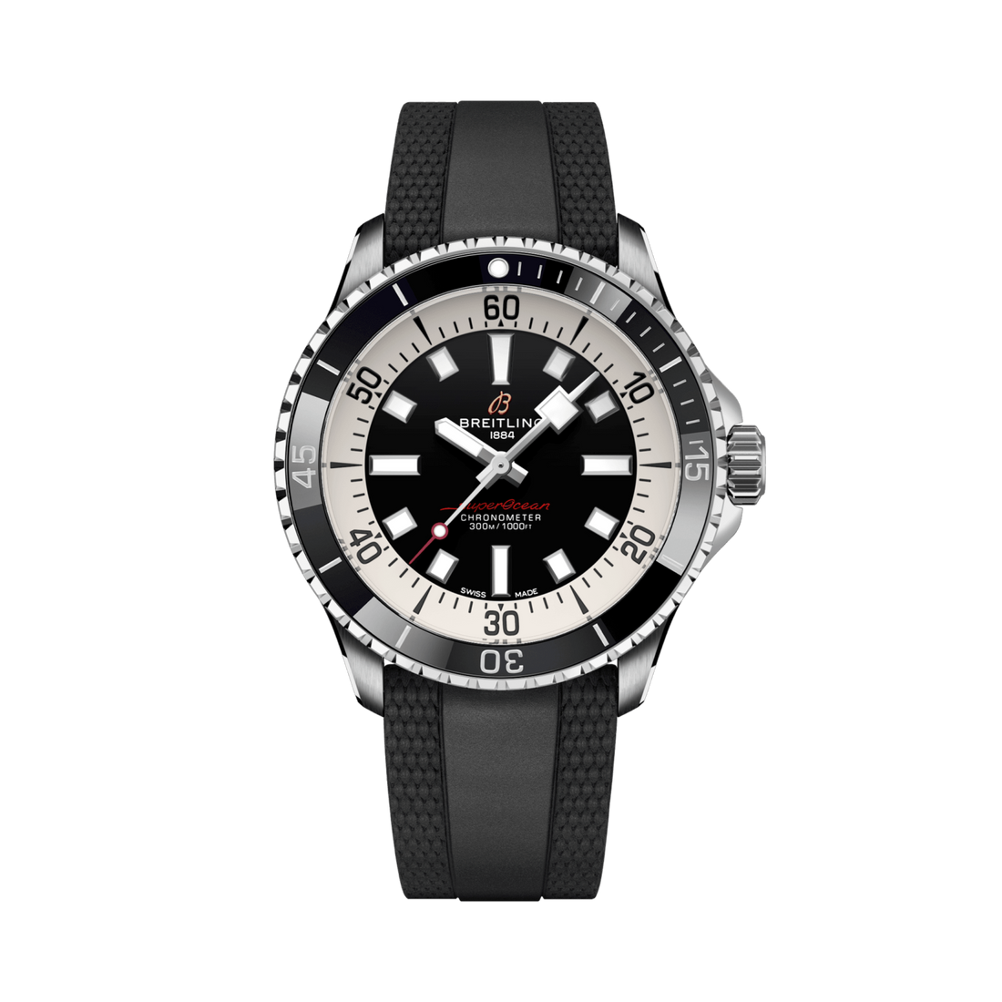 Breitling Superocean Automatic 42 reference A17375211B1S1 with Black dial, Stainless steel case, rubber strap, front view