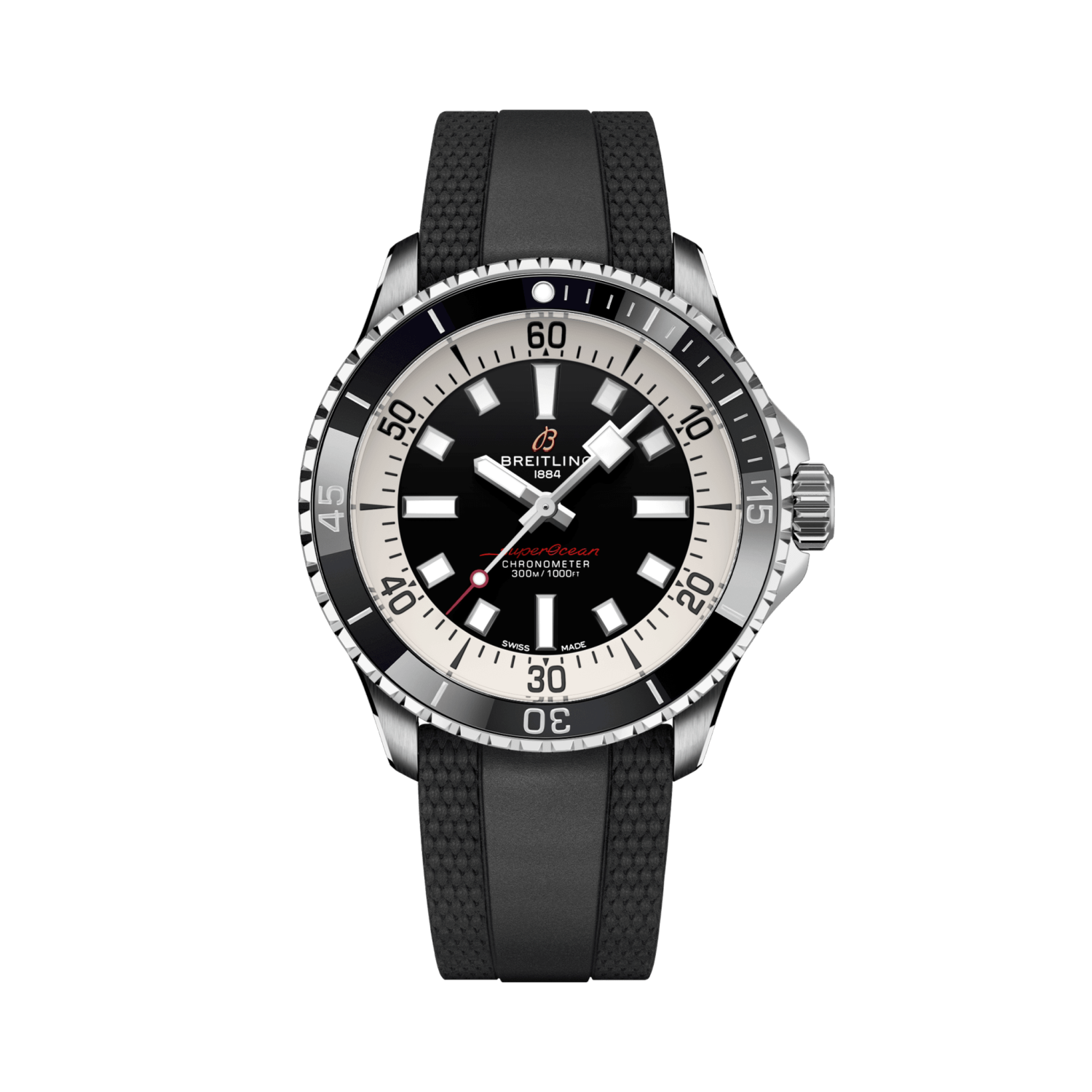 Breitling Superocean Automatic 42 reference A17375211B1S1 with Black dial, Stainless steel case, rubber strap, front view