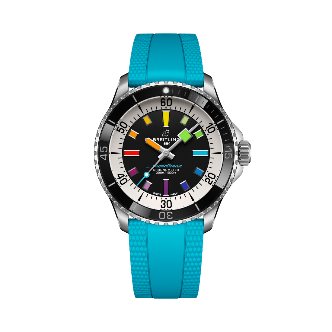 Breitling Superocean Automatic 42 reference A17375211B2S1 with Black dial, Stainless steel case, turquoise rubber strap, front view