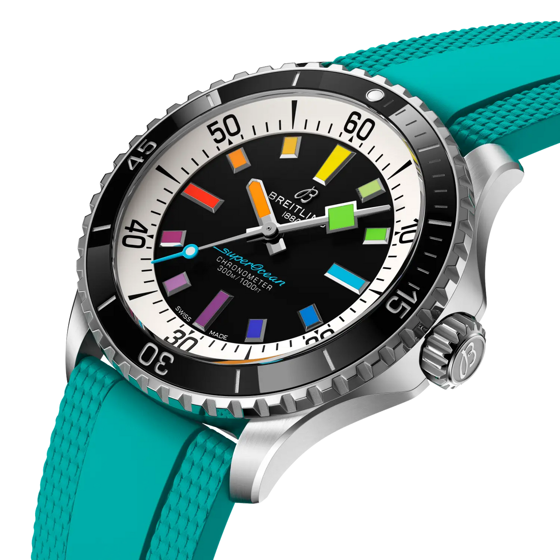 Breitling Superocean Automatic 42 reference A17375211B2S2 with Black dial, Stainless steel case, aquamarine rubber strap, front view