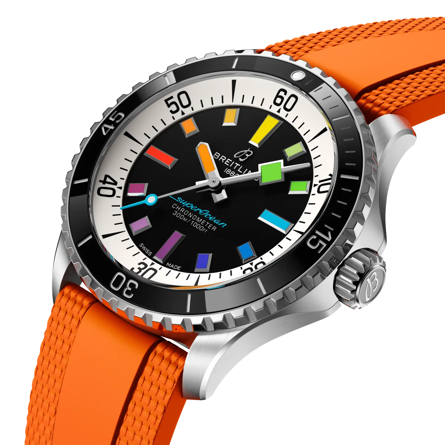 Breitling Superocean Automatic 42 reference A17375211B2S3 with Black dial, Stainless steel case, rubber strap, three-quarter view