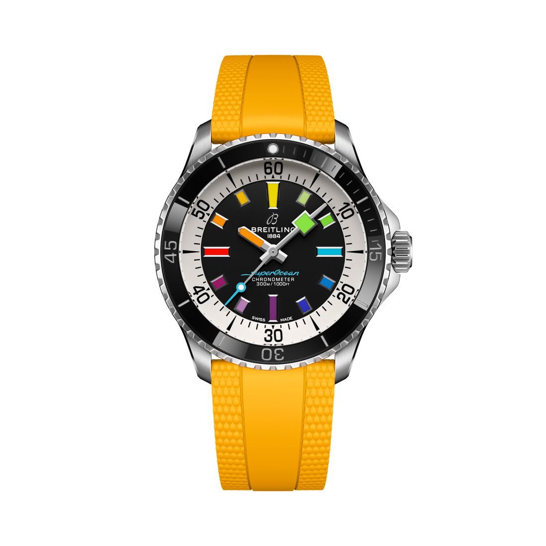 Breitling Superocean Automatic 42 reference A17375211B2S4 with Black dial, Stainless steel case, yellow rubber strap, front view