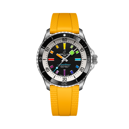 Breitling Superocean Automatic 42 reference A17375211B2S4 with Black dial, Stainless steel case, yellow rubber strap, front view