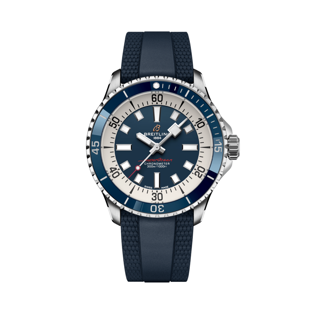 Breitling Superocean Automatic 42 reference A17375E71C1S1 with Blue dial, Stainless steel case, blue rubber strap, front view