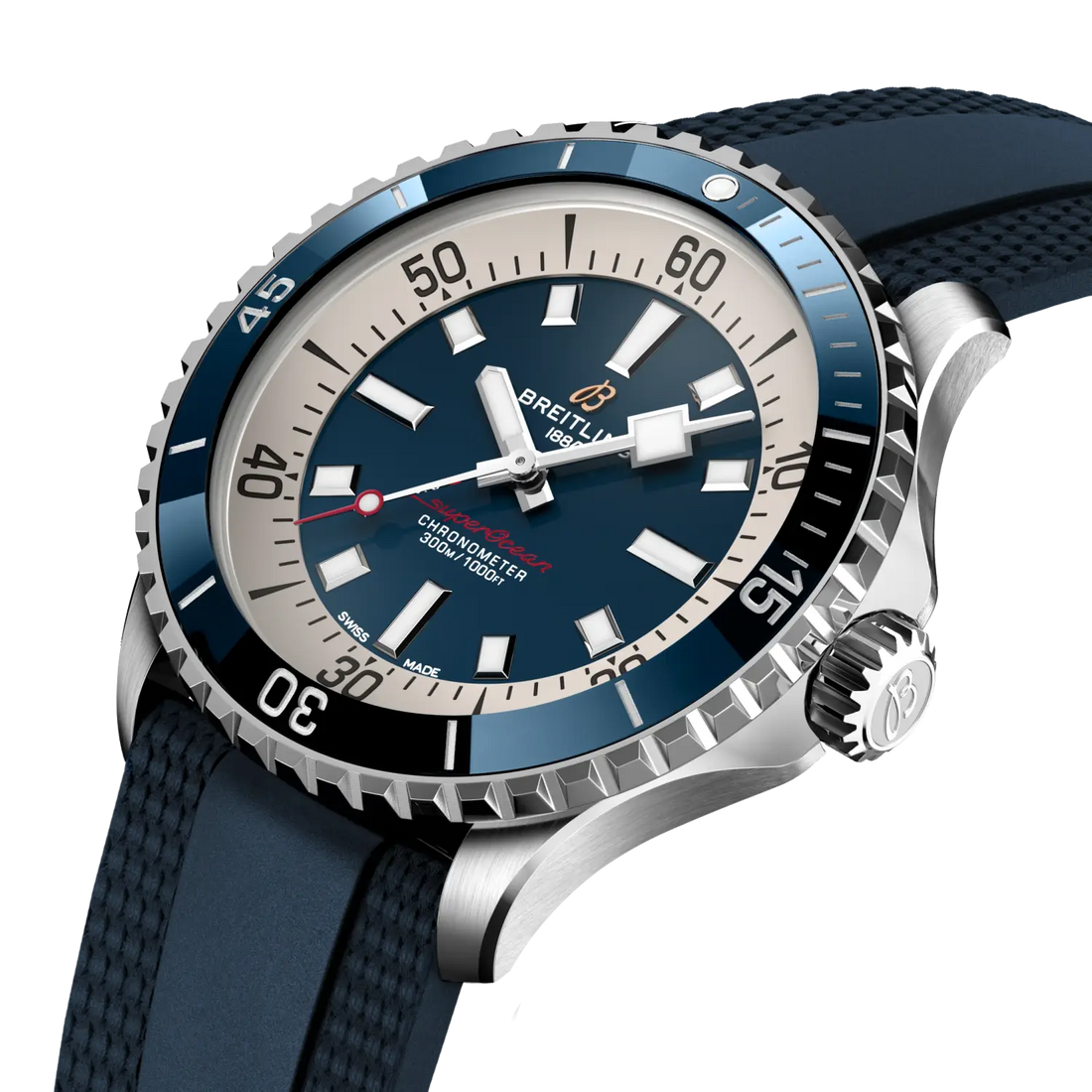 Breitling Superocean Automatic 42 reference A17375E71C1S1 with Blue dial, Stainless steel case, blue rubber strap, front view