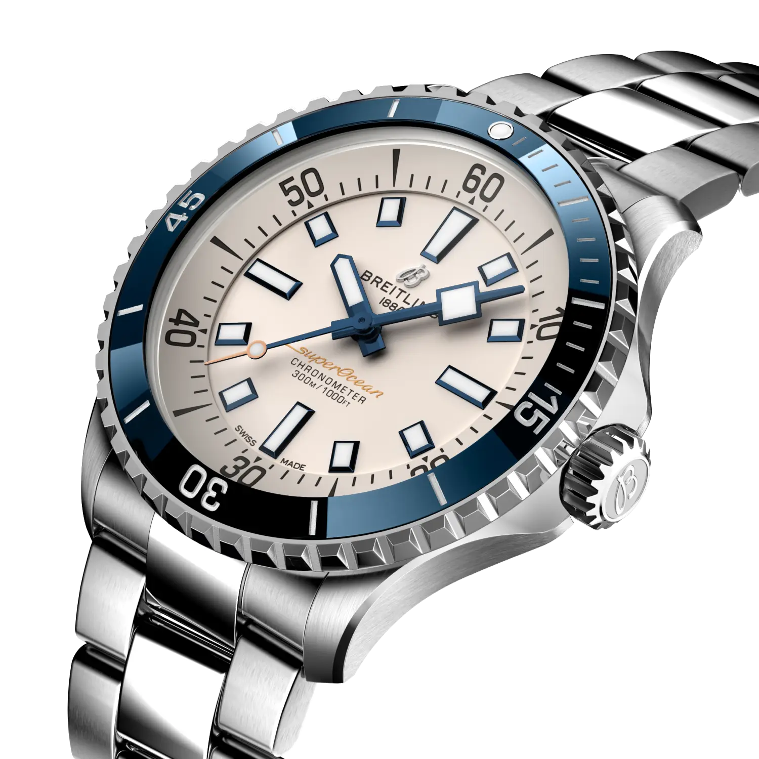 Breitling Superocean Automatic 42 reference A17375E71G1A1 with Cream dial, Stainless steel case, bracelet, three-quarter view