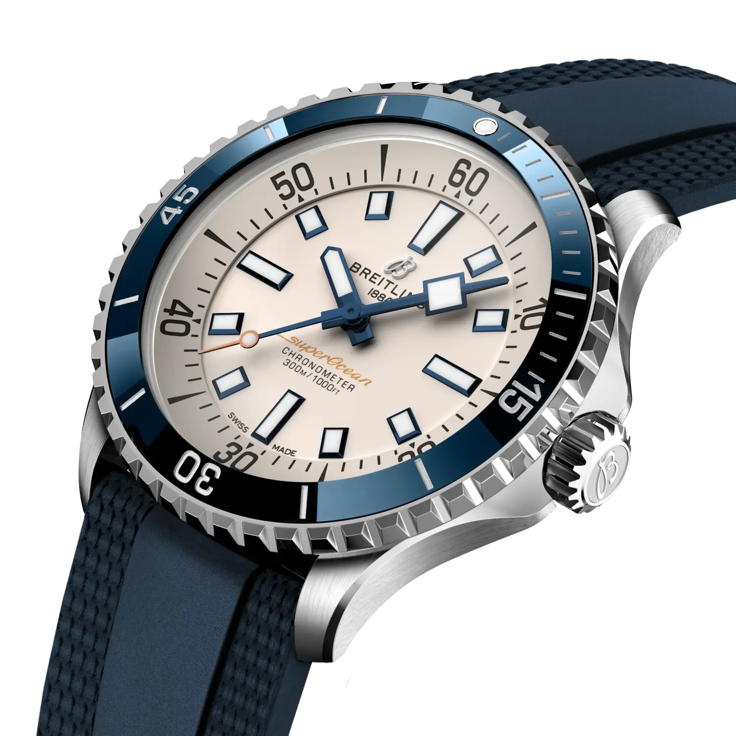 Breitling Superocean Automatic 42 reference A17375E71G1S1 with Cream dial, Stainless steel case, rubber strap, three-quarter view