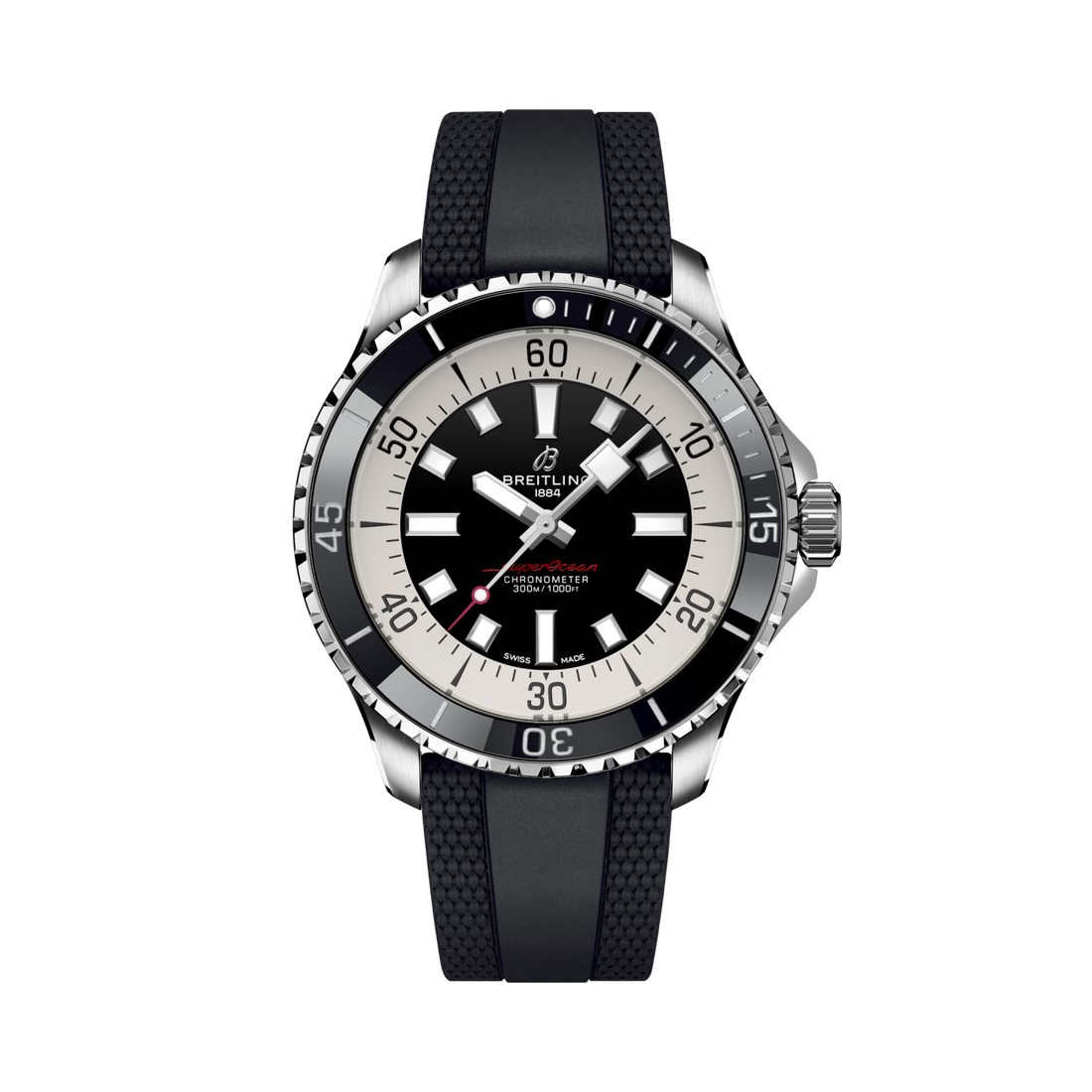 Breitling Superocean Automatic 44 reference A17376211B1S1 with Black dial, Stainless steel case, black rubber strap, front view