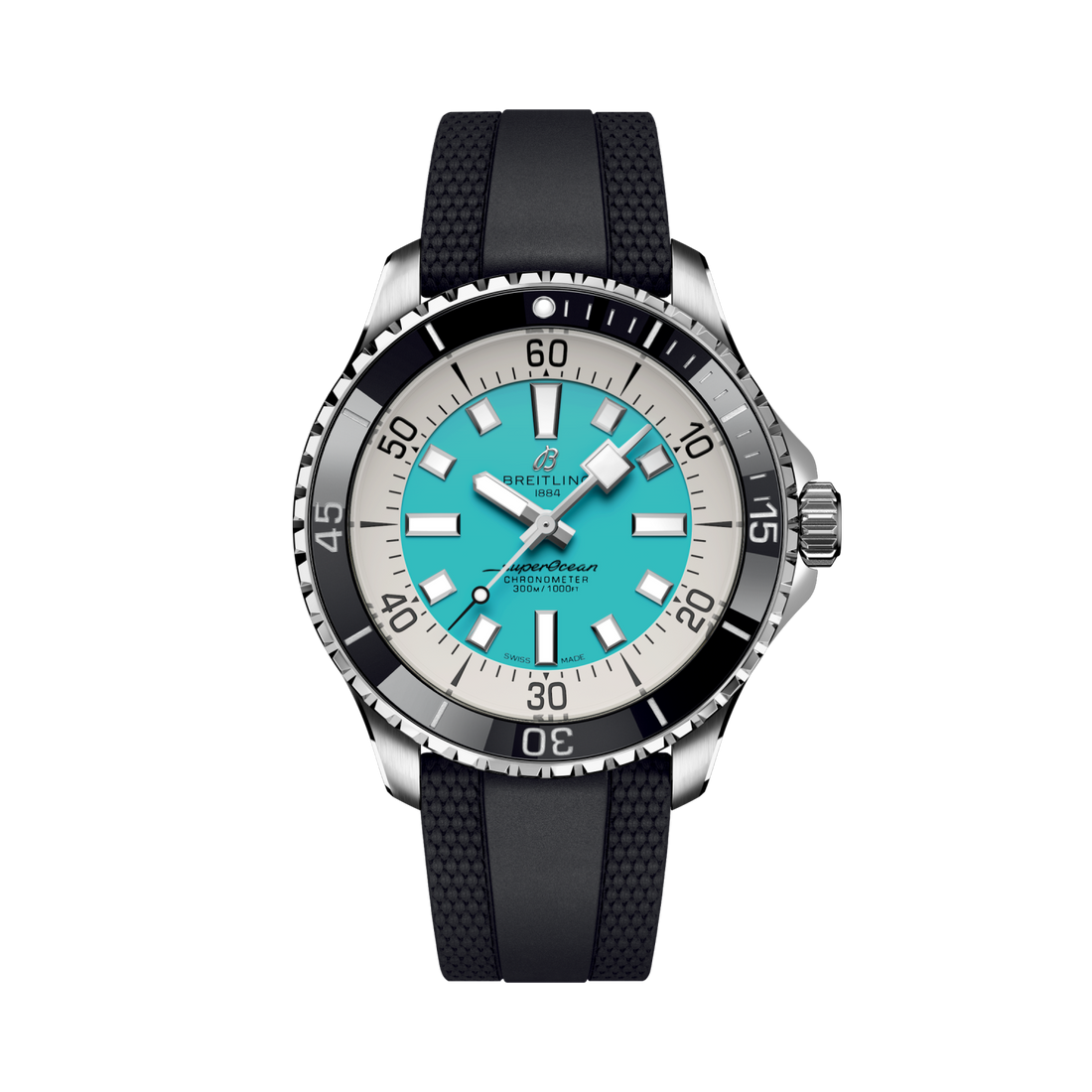 Breitling Superocean Automatic 44 reference A17376211L2S1 with Turquoise dial, Stainless steel case, black rubber strap, front view