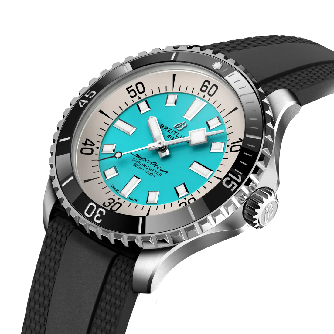 Breitling Superocean Automatic 44 reference A17376211L2S1 with Turquoise dial, Stainless steel case, black rubber strap, front view