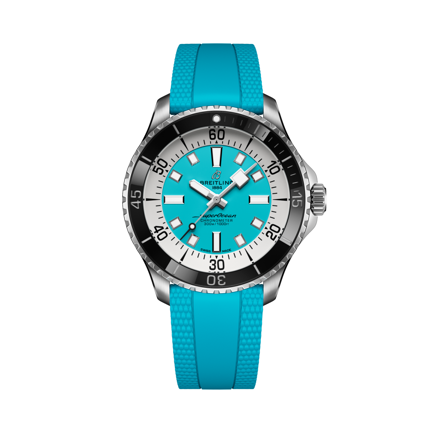 Breitling Superocean Automatic 44 reference A17376211L2S2 with Turquoise dial, Stainless steel case, rubber strap, front view