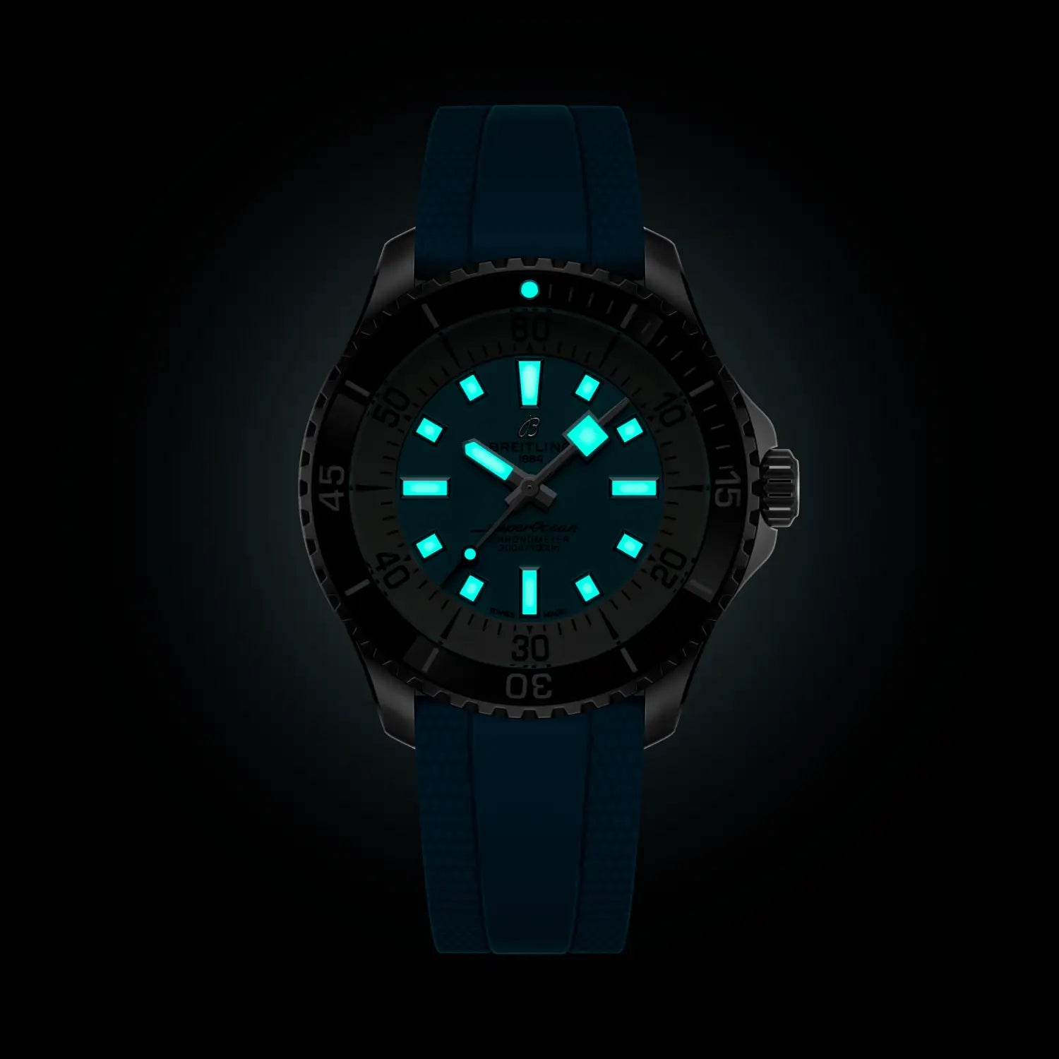 Breitling Superocean Automatic 44 reference A17376211L2S2 with Turquoise dial, Stainless steel case, rubber strap, illuminated dial view