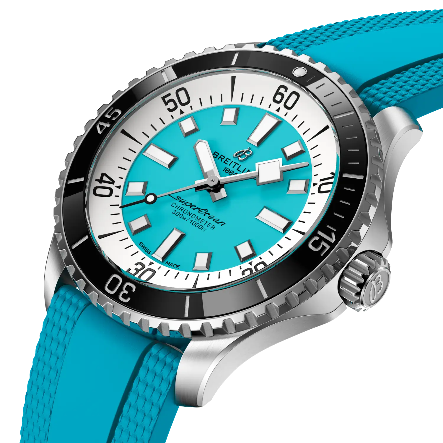 Breitling Superocean Automatic 44 reference A17376211L2S2 with Turquoise dial, Stainless steel case, rubber strap, three-quarter view