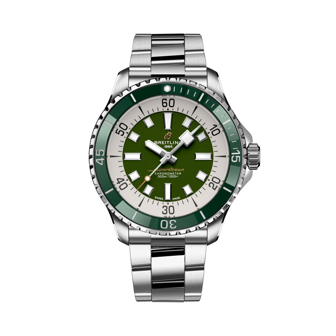 Breitling Superocean Automatic 44 reference A17376A31L1A1 with Green dial, Stainless steel case, bracelet, front view