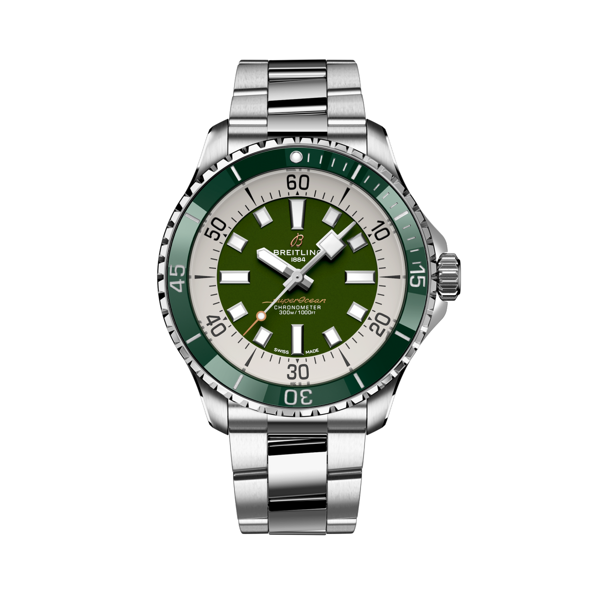 Breitling Superocean Automatic 44 reference A17376A31L1A1 with Green dial, Stainless steel case, bracelet, front view