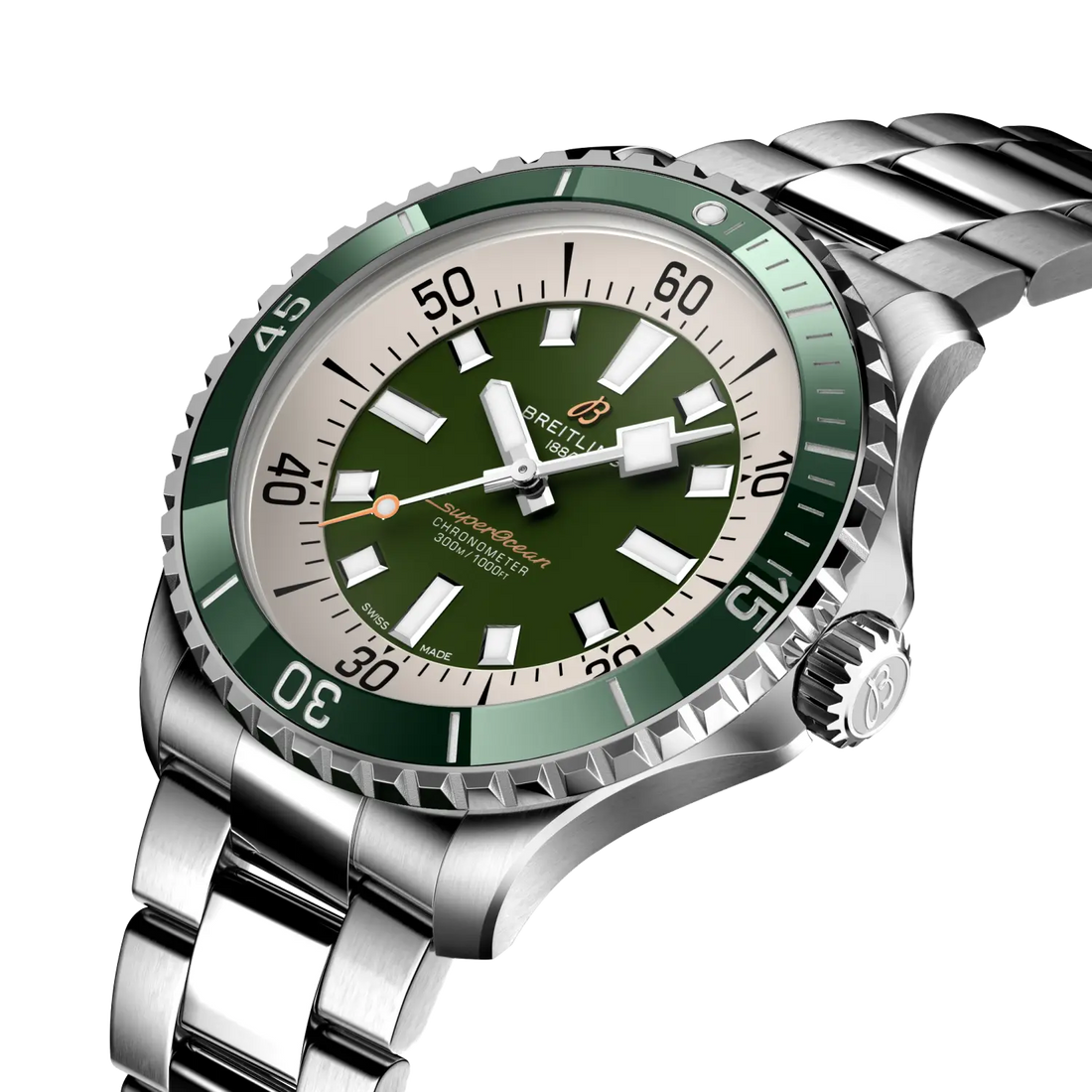 Breitling Superocean Automatic 44 reference A17376A31L1A1 with Green dial, Stainless steel case, bracelet, front view