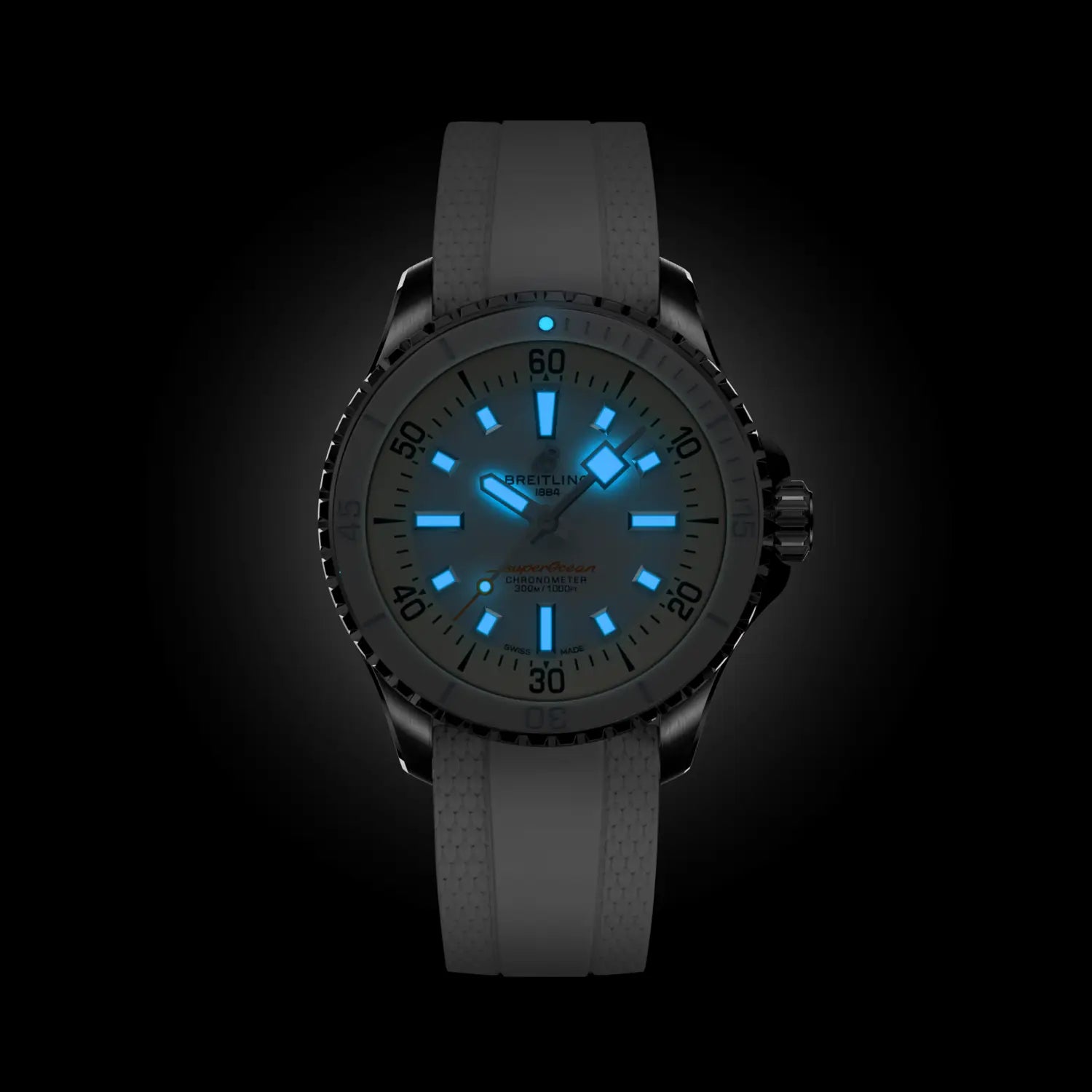 Breitling Superocean Automatic 36 reference A17377211A1S1 with White dial, Stainless steel case, rubber strap, illuminated dial view