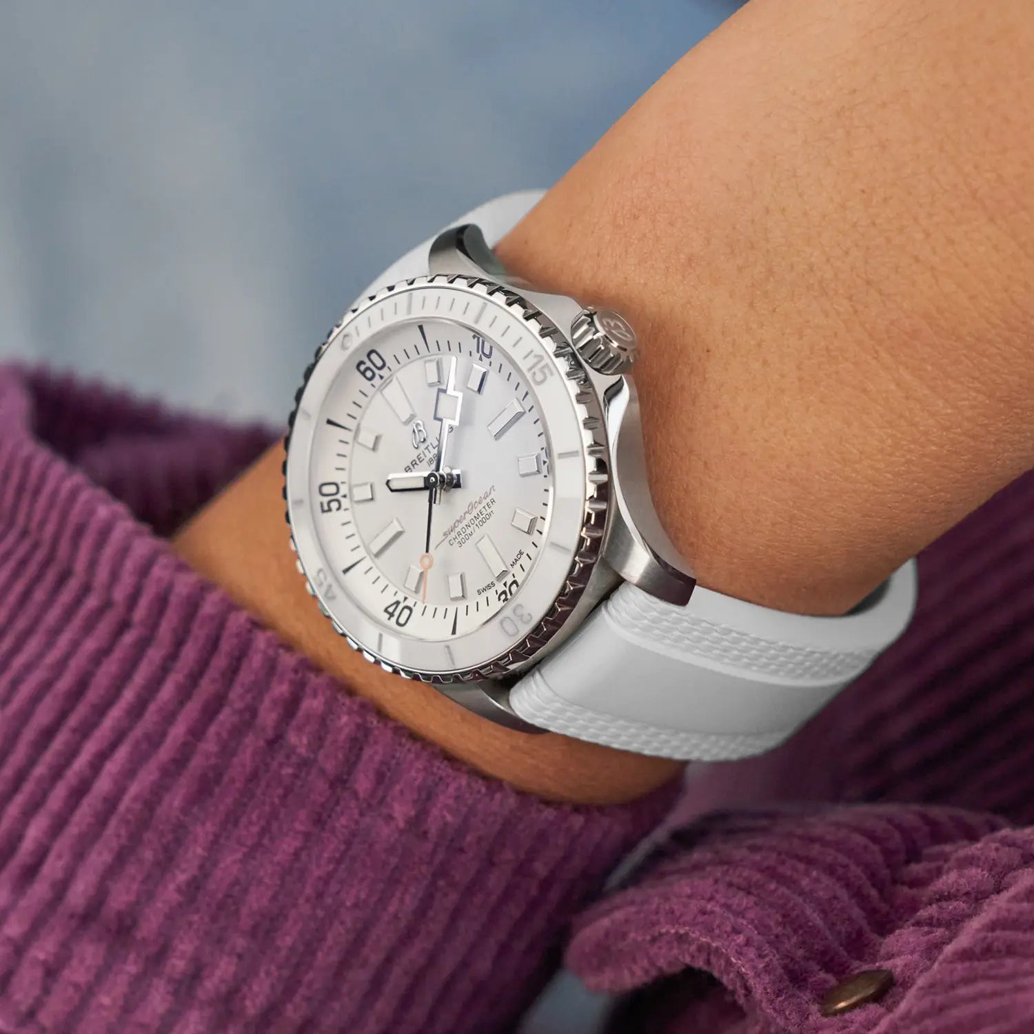 Breitling Superocean Automatic 36 reference A17377211A1S1 with White dial, Stainless steel case, rubber strap, on-wrist view