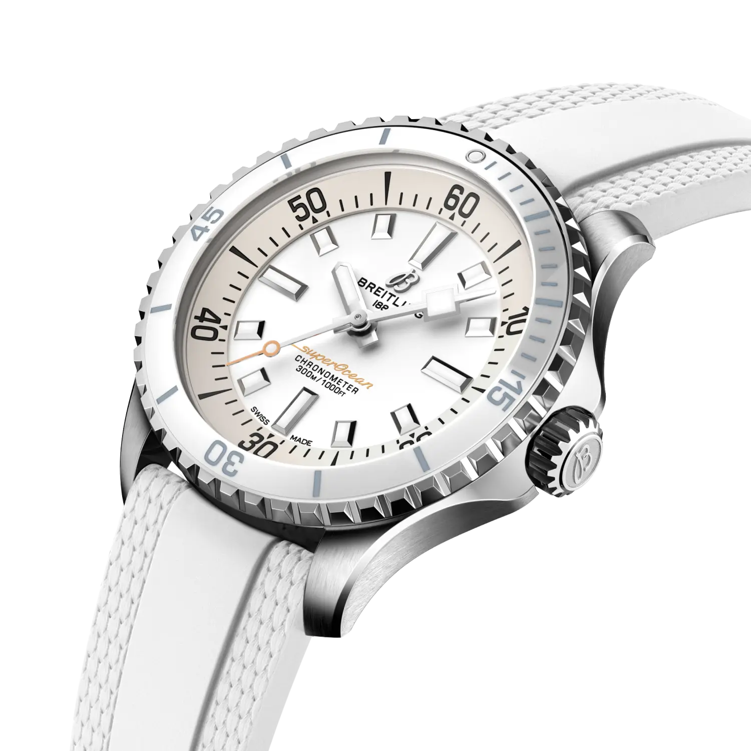 Breitling Superocean Automatic 36 reference A17377211A1S1 with White dial, Stainless steel case, rubber strap, three-quarter view