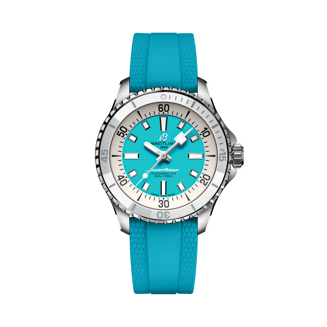 Breitling Superocean Automatic 36 reference A17377211C1S1 with Turquoise dial, Stainless steel case, turquoise rubber strap, front view
