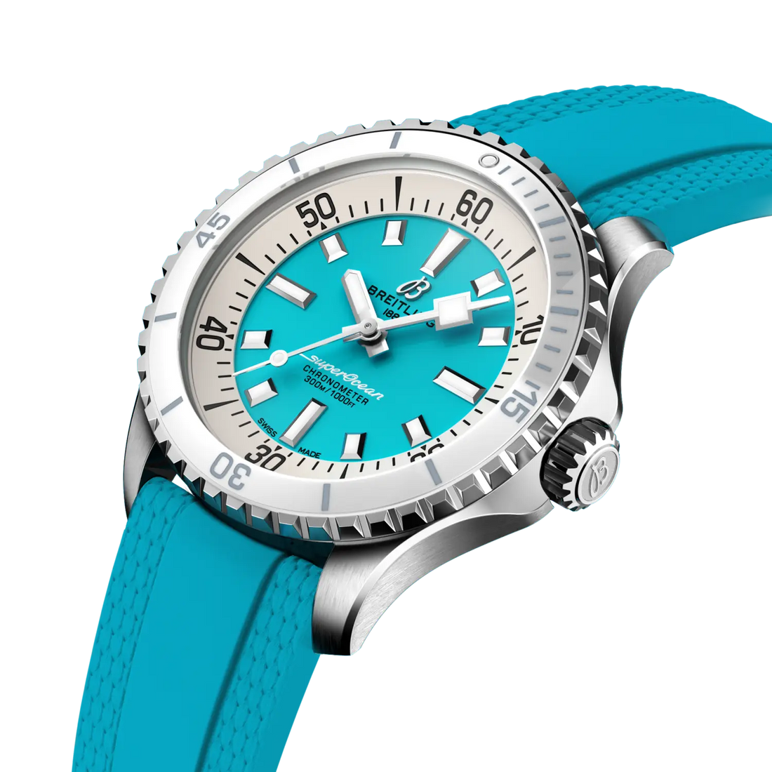 Breitling Superocean Automatic 36 reference A17377211C1S1 with Turquoise dial, Stainless steel case, turquoise rubber strap, front view