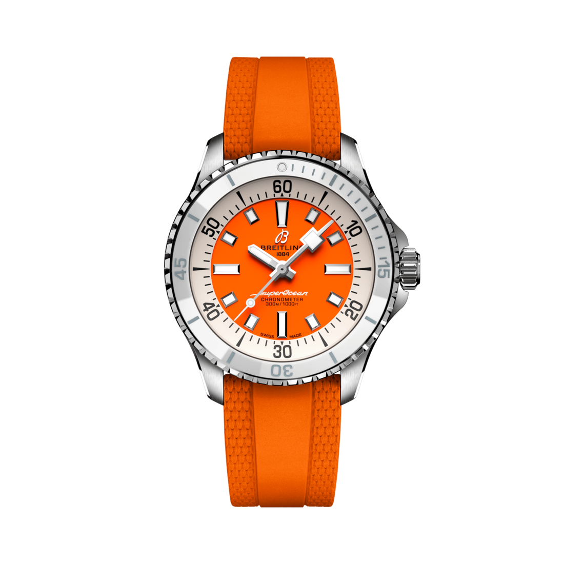 Breitling Superocean Automatic 36 reference A17377211O1S1 with Orange dial, Stainless steel case, rubber strap, front view