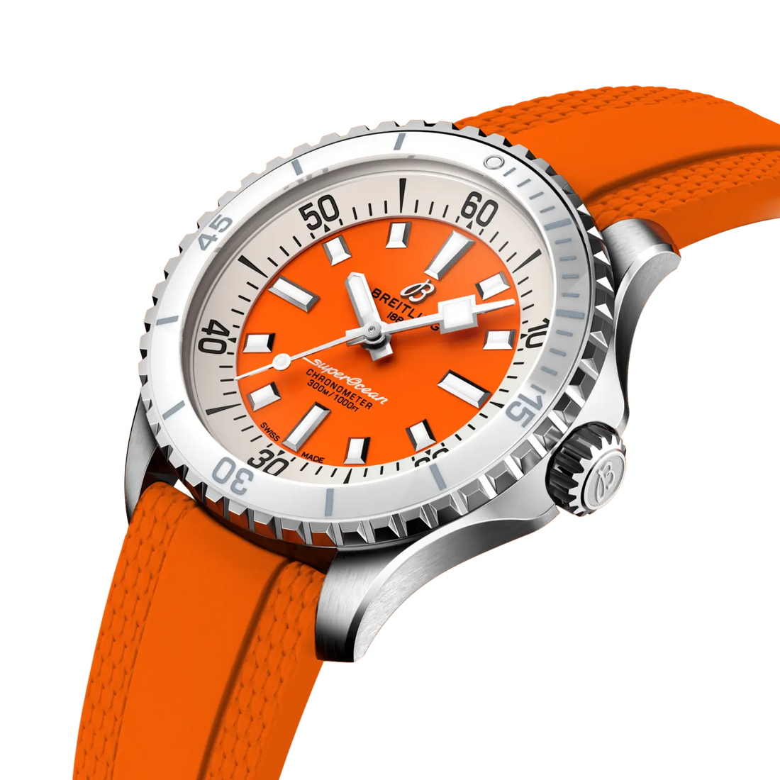 Breitling Superocean Automatic 36 reference A17377211O1S1 with Orange dial, Stainless steel case, rubber strap, front view