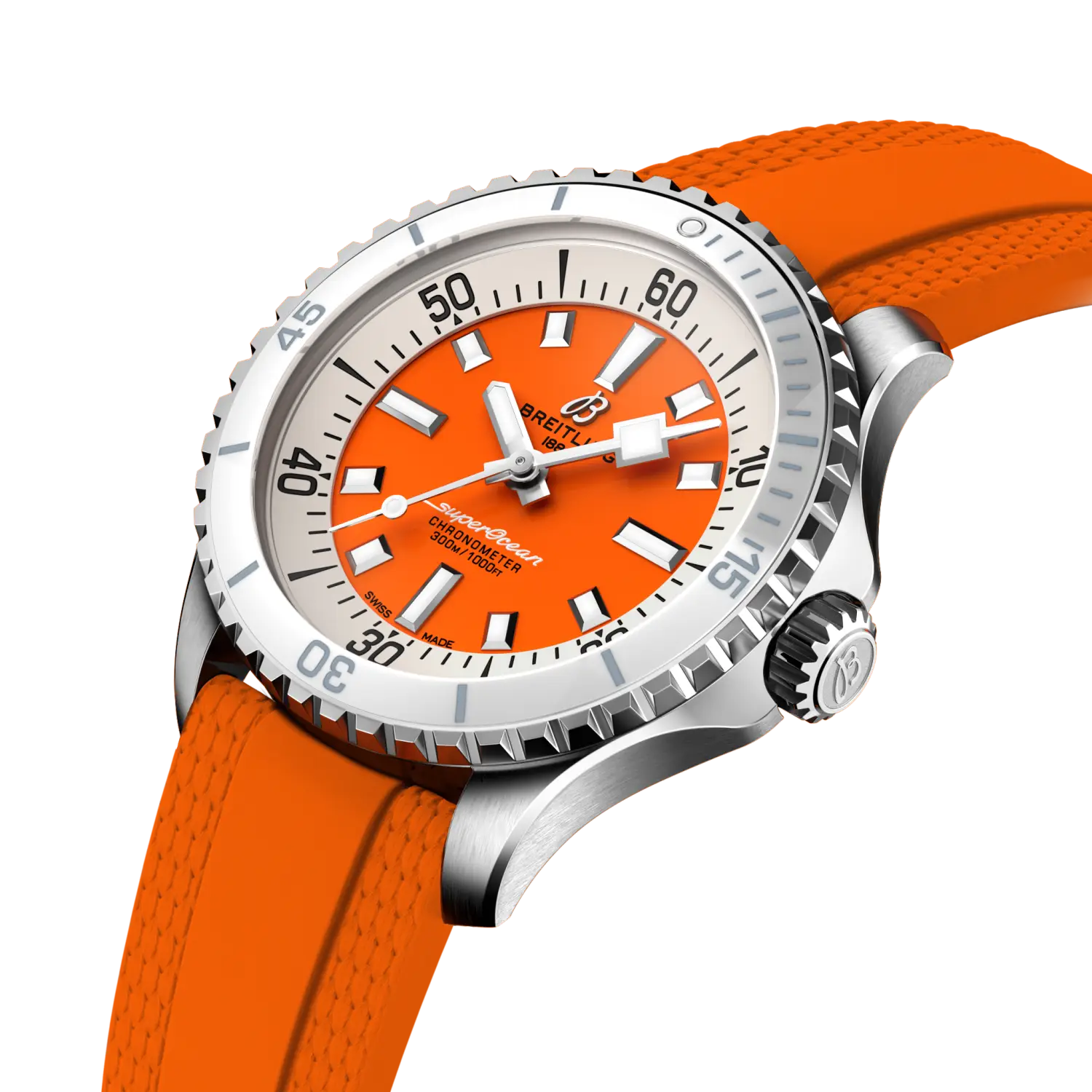 Breitling Superocean Automatic 36 reference A17377211O1S1 with Orange dial, Stainless steel case, rubber strap, three-quarter view