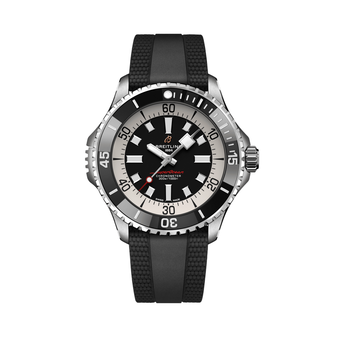 Breitling Superocean Automatic 46 reference A17378211B1S1 with Black dial, Stainless steel case, black rubber strap, front view