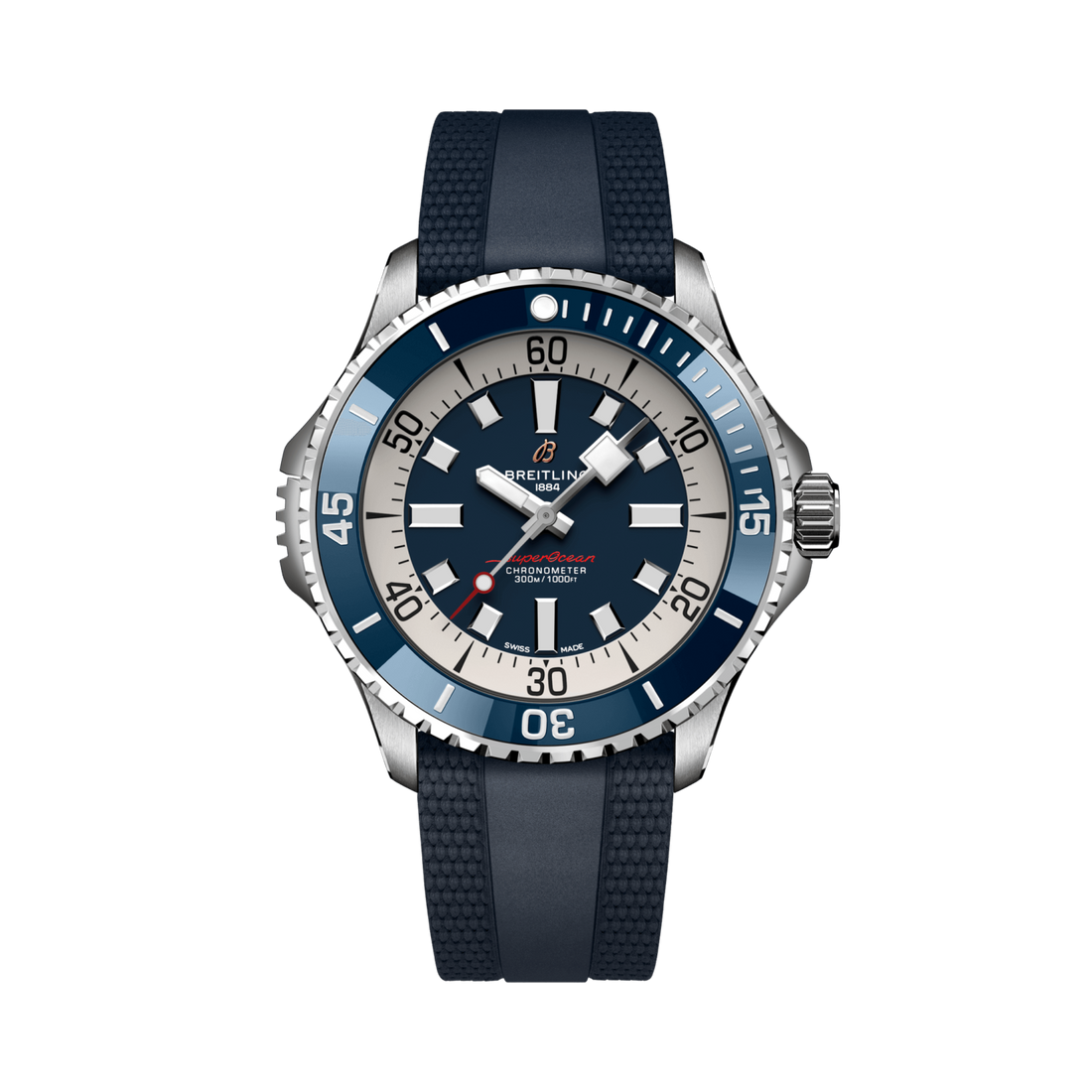 Breitling Superocean Automatic 46 reference A17378E71C1S1 with Blue dial, Stainless steel case, blue rubber strap, front view