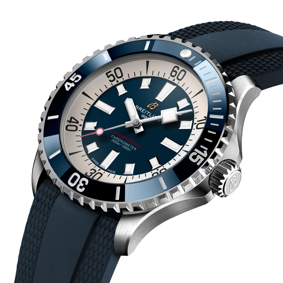 Breitling Superocean Automatic 46 reference A17378E71C1S1 with Blue dial, Stainless steel case, blue rubber strap, front view